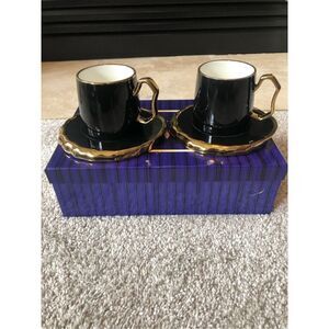Sembol Pure Bone Porcelain Four Piece Set Black and Gold Cup and Plate